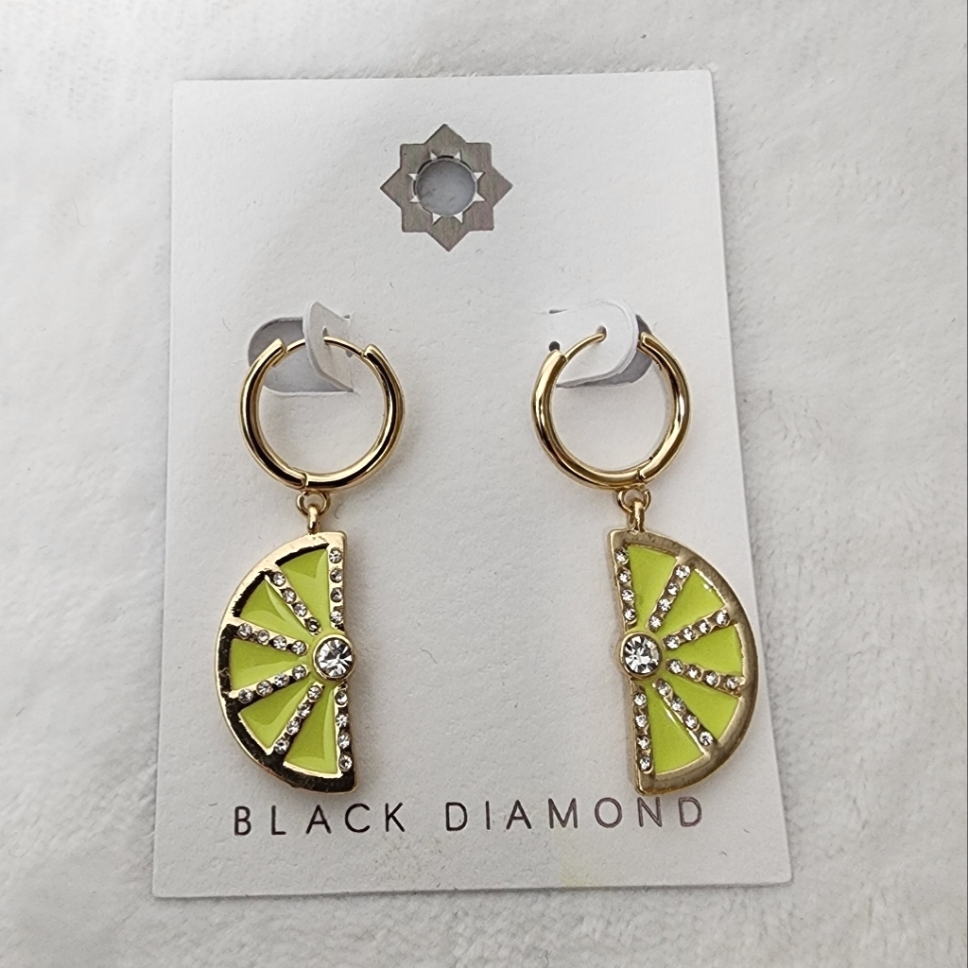Lime Slice Earrings Green Gold Tone Rhinestones 1